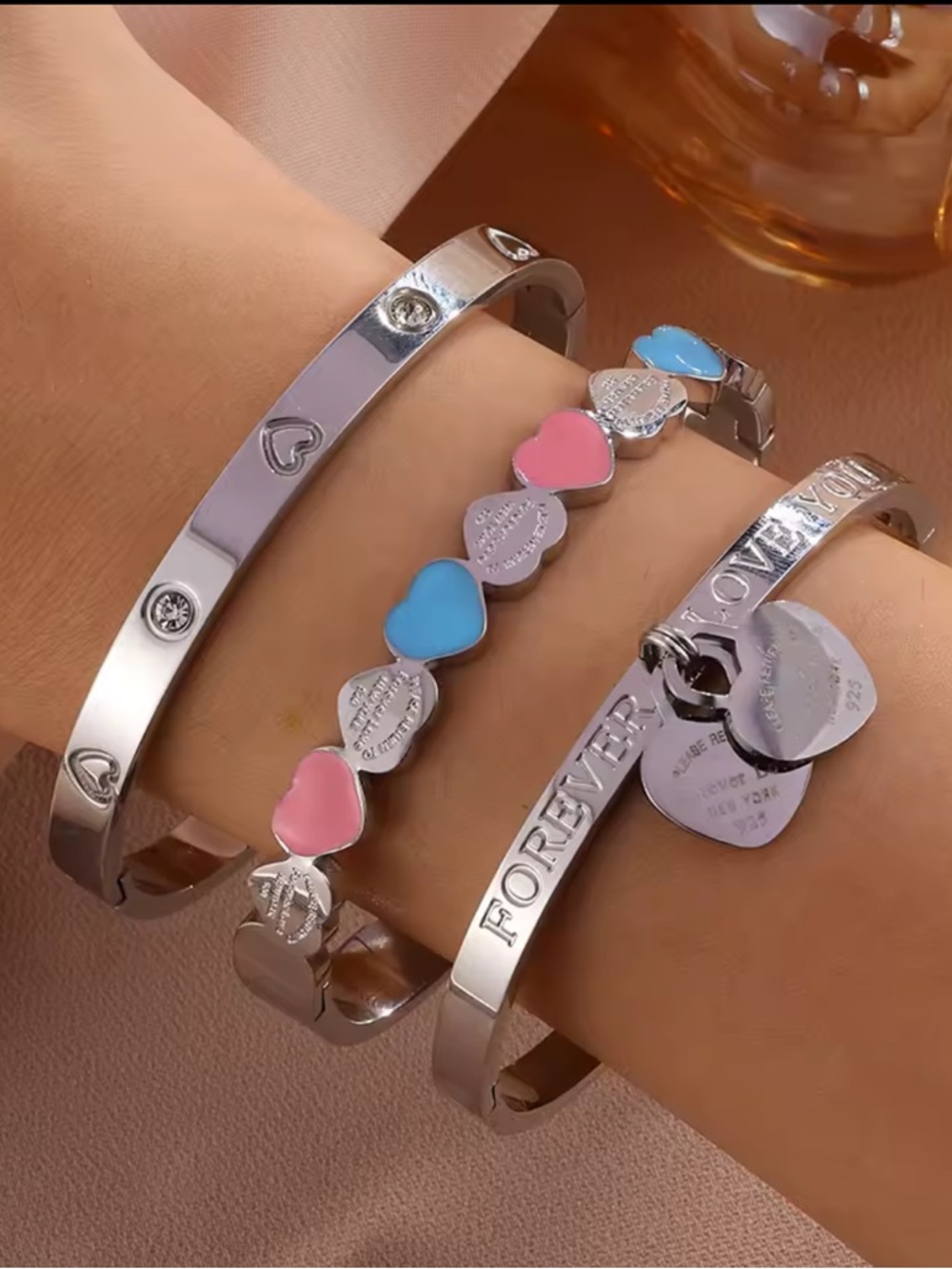 Luxury Silver Heart Bangle Bracelet Set with Pink & Blue Accents